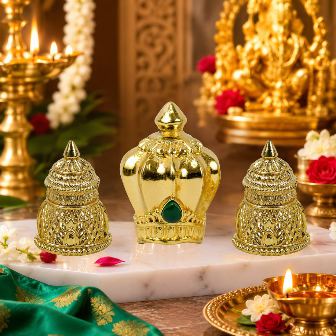 Miniature Panchaloha Gold-Plated Crown Set for Home Deities (3 Pieces)
