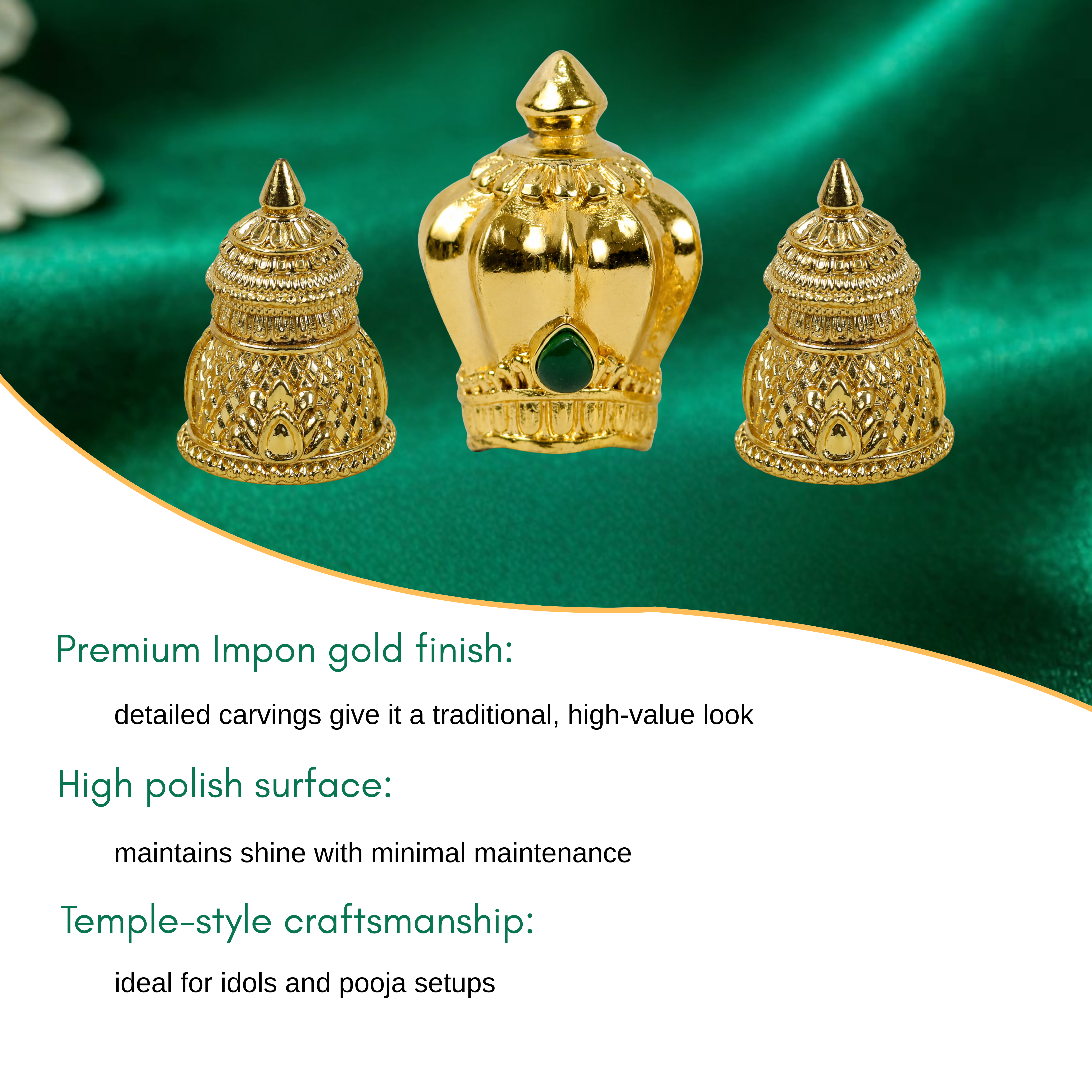 Miniature Panchaloha Gold-Plated Crown Set for Home Deities (3 Pieces)