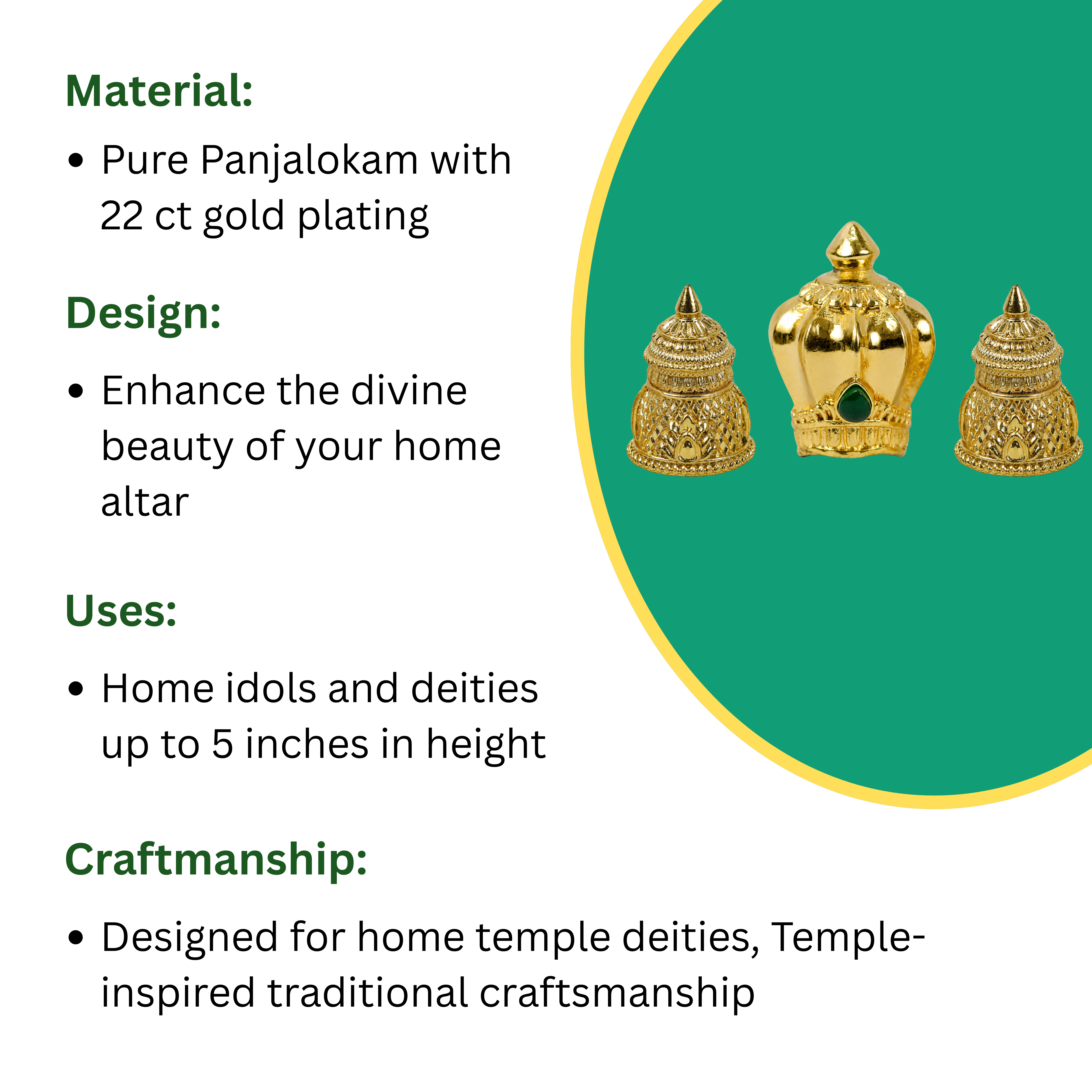 Miniature Panchaloha Gold-Plated Crown Set for Home Deities (3 Pieces)