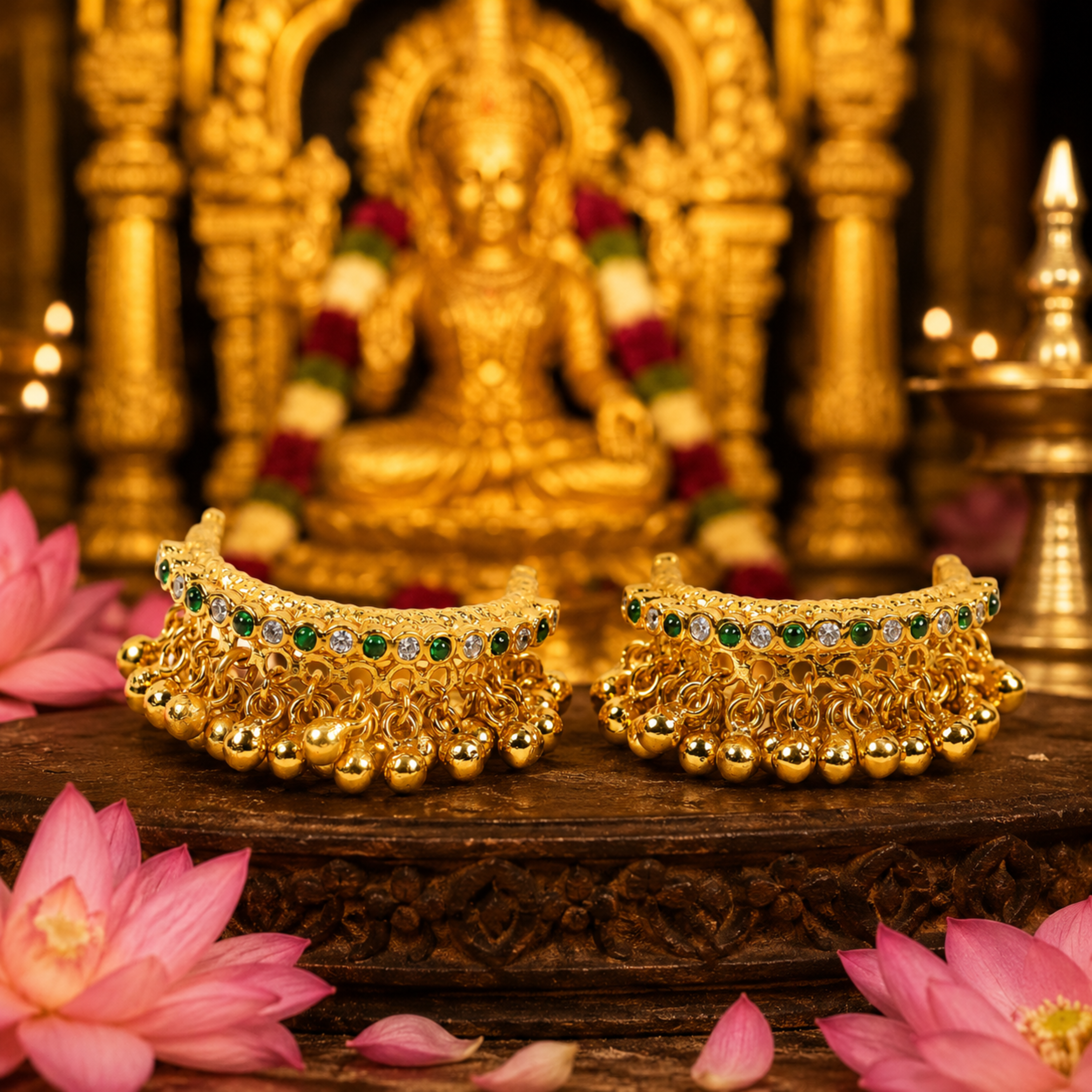 Panchalogam Gold Plated Anklet (Thandai) - Green Stone