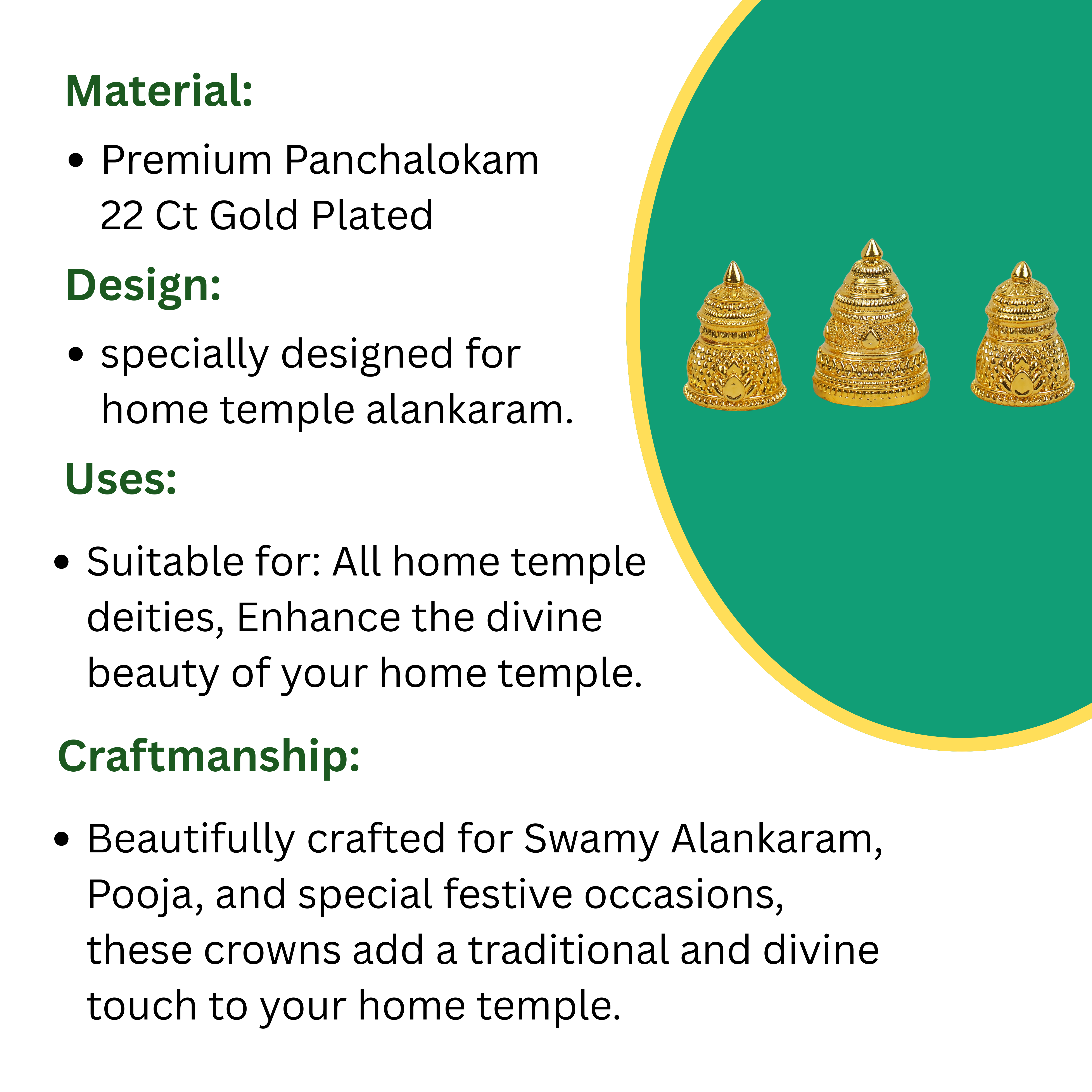घर के मंदिर की मूर्तियों के लिए 3 मुकुट का सेट