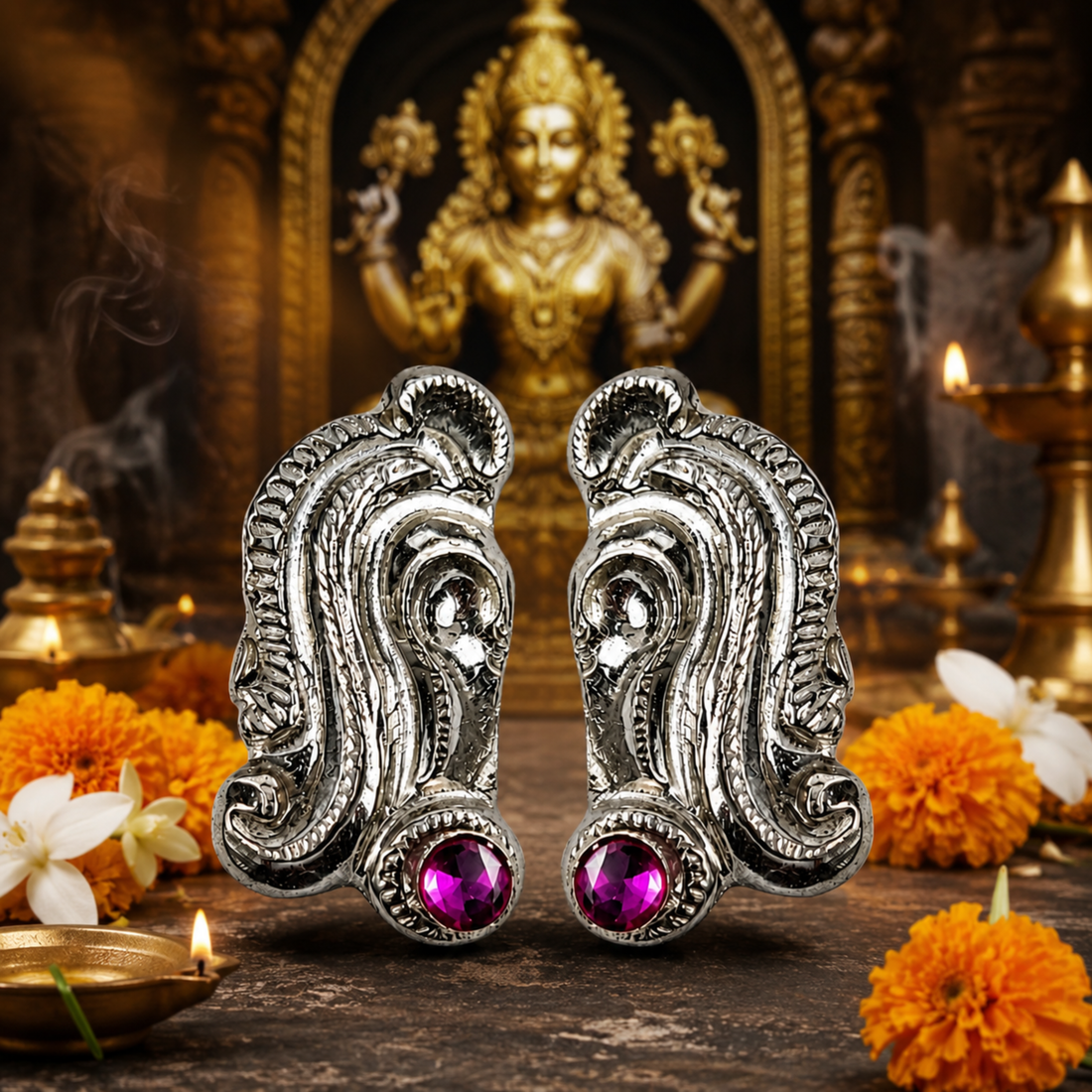 Half Inch Silver Karnapathram With Pink Stone
