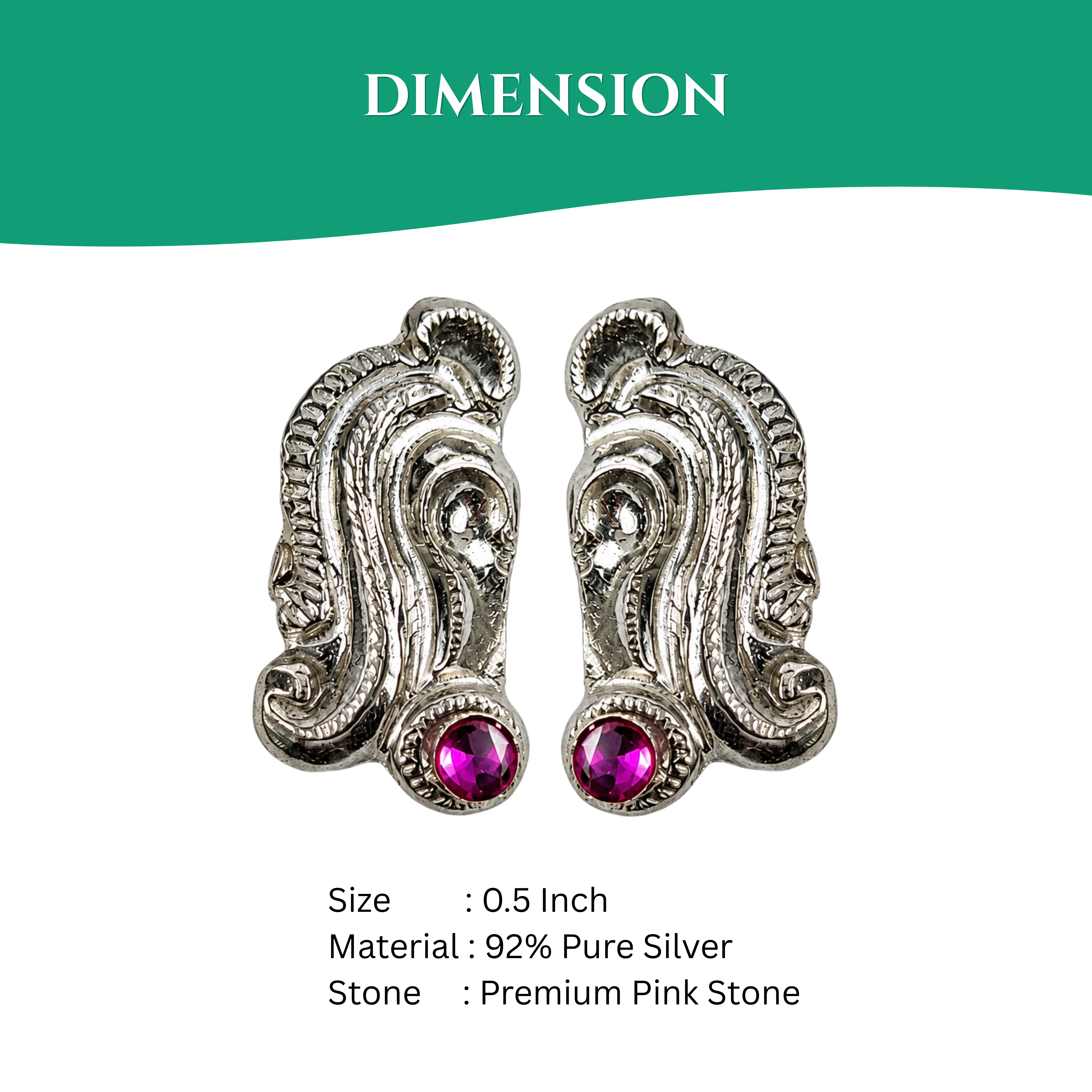 Half Inch Silver Karnapathram With Pink Stone